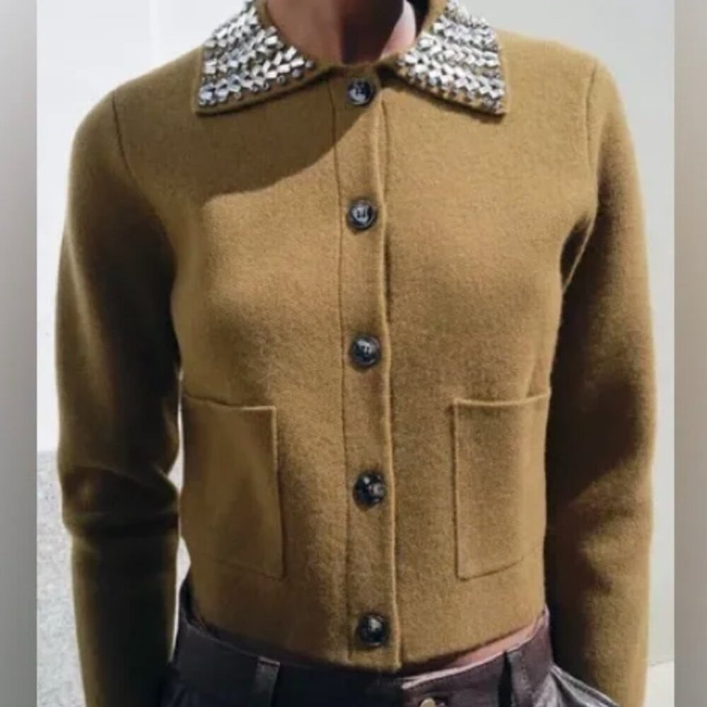 ZARA 100% WOOL JEWEL COLLAR CARDIGAN - Size Small - NWT